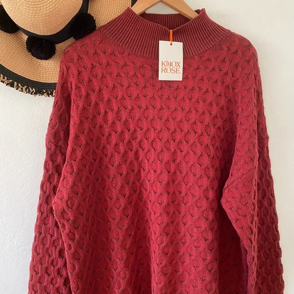 Knox Rose Red Cozy Chunky Knit Oversized Mock Turtleneck Sweater NWT - Picture 8 of 11
